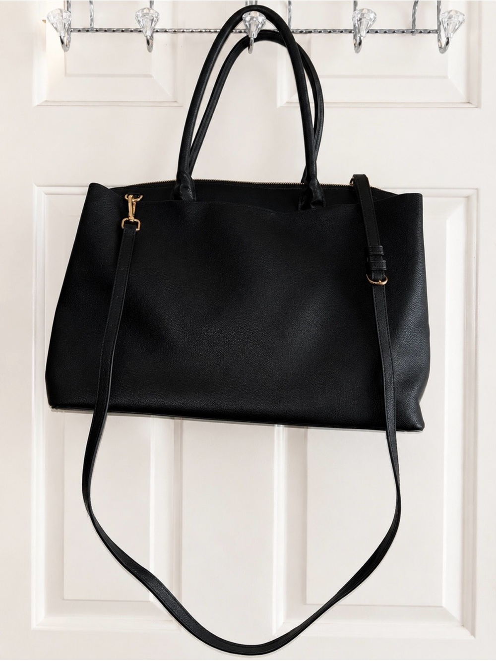 Black Leather Tote Bag with Adjustable Strap - Women's Handbag